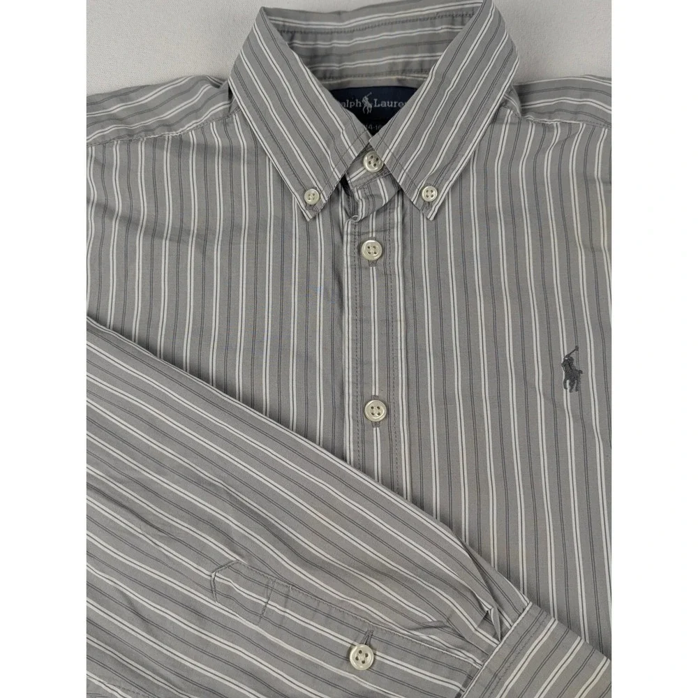 Ralph Lauren Boys Grey White Striped Long Sleeve Button Down Shirt Size L 14-16